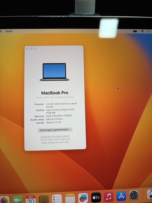 Vand macbook pro 13 2017 i5 2,3 ram 8gb ssd 128gb