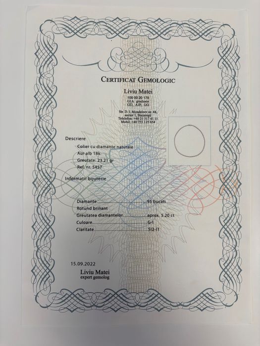 Colier Tennis cu Diamante – Aur Alb 18K – 5,20 ct, lungime - 38 cm