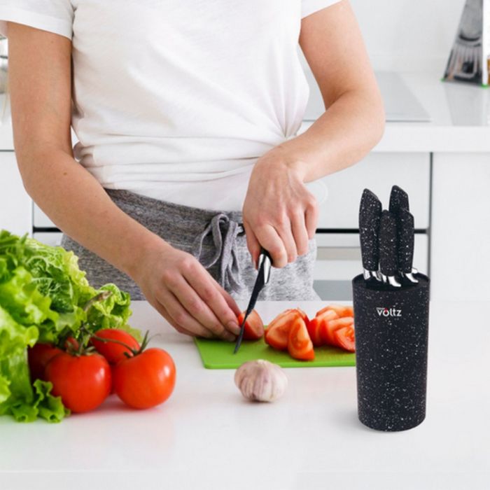 Комплект ножове Voltz с мраморно покритие и стойка – Стил, острота и у