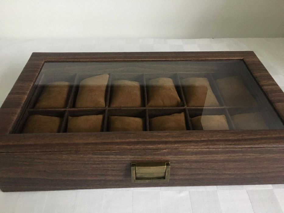 Cutie Caseta Depozitare Ceasuri Lemn îmbrăcată Piele pentru 12. NOU