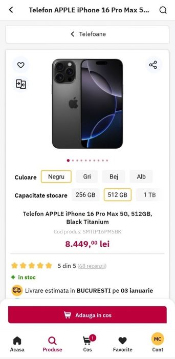 Telefon APPLE iPhone 16 Pro Max 5G, 512GB, Black Titanium