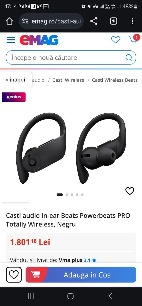 Casti audio Beats Powerbeats PRO Totally Wireless, Negru, sigilate