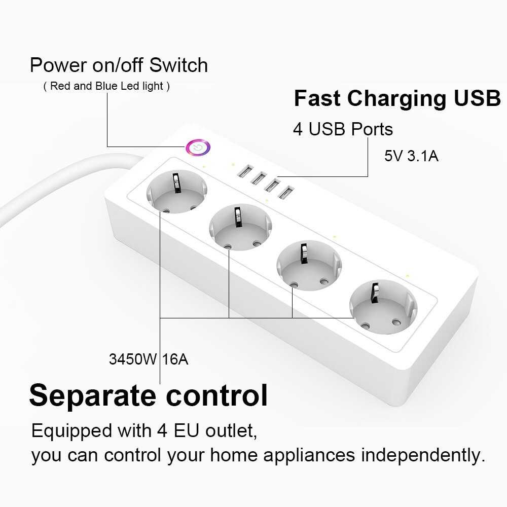 WiFi смарт разклонител 16А с 4 бр шуко, 4 USB - Smartlife, Tuya