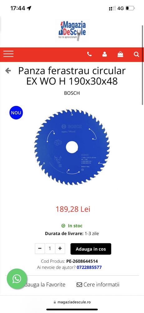 Disc circular Bosch Expert for Wood 190 mm 48 dinti 2608644514