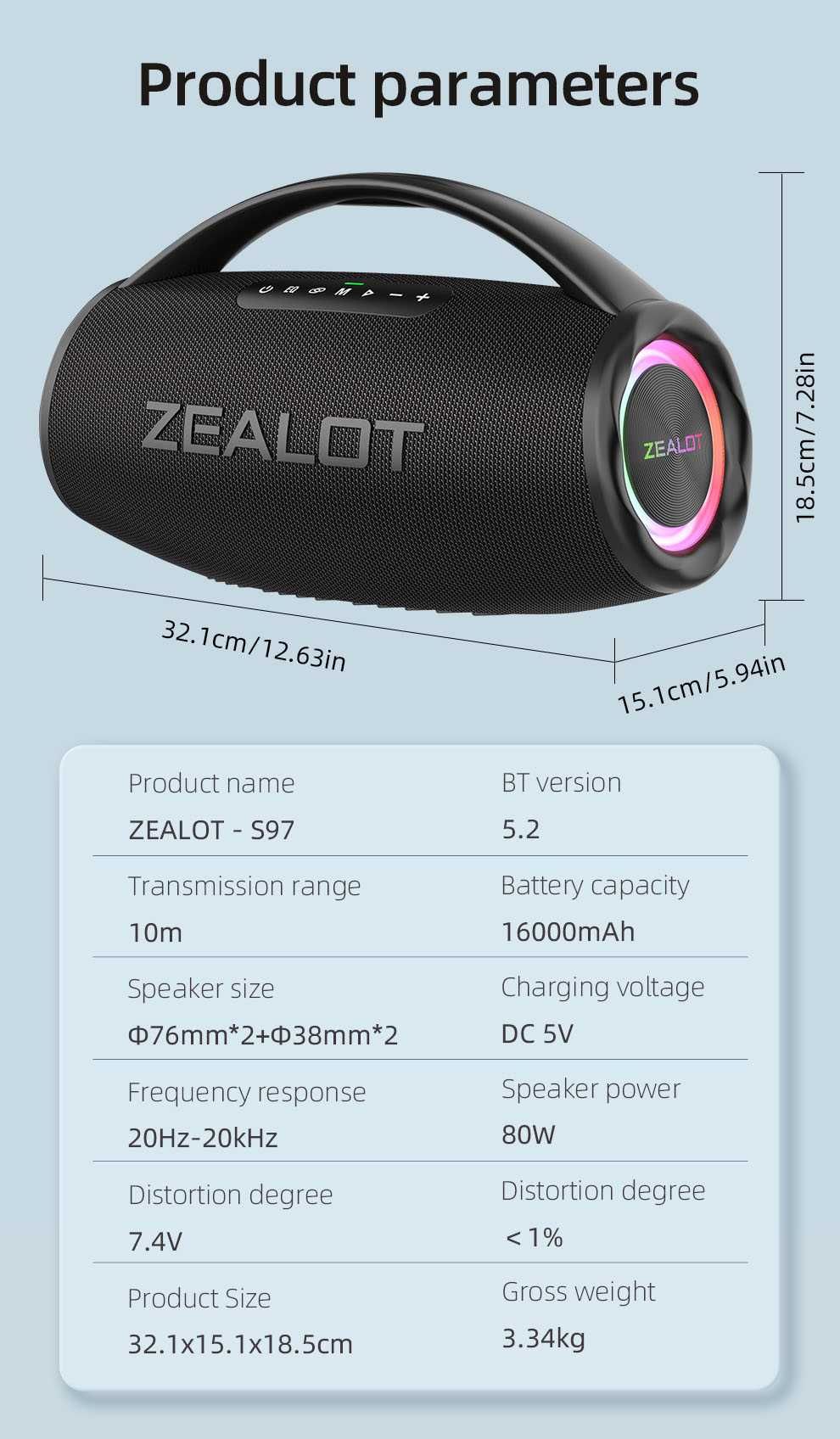 Преносима тонколона/бумбокс Zealot S97-80W, Водоустойчив IP67, НОВА!
