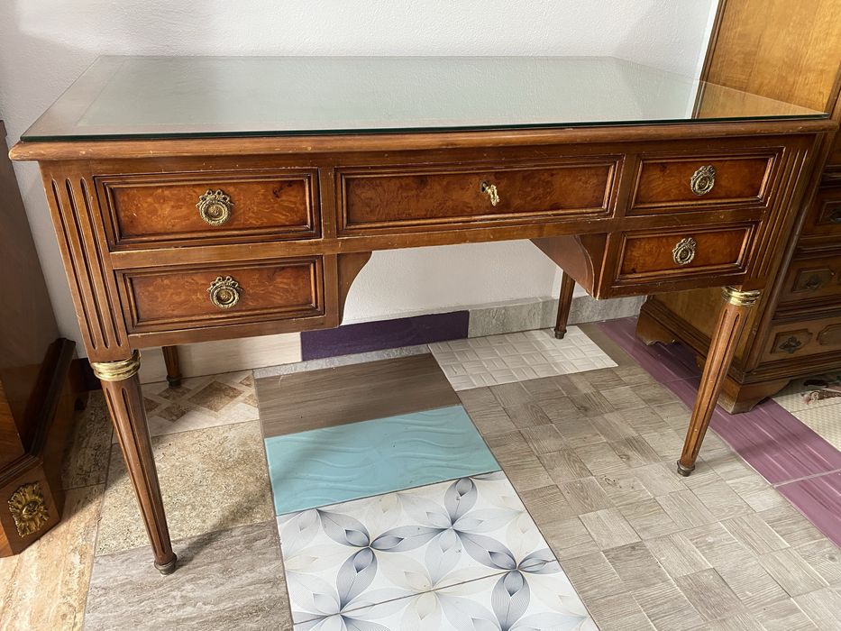 Birou Vintage Piele Lemn Masiv Bronz Sticla