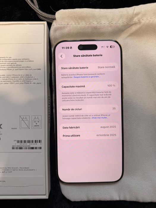 iPhone Air 256GB Light Gold – Ca nou, cutie completă