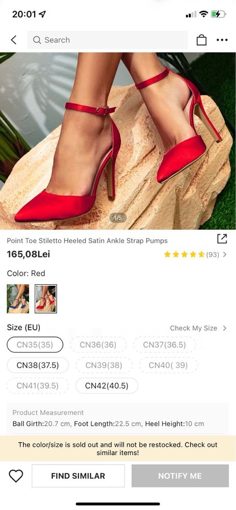 Pantofi stiletto roși satinați cu toc Shein