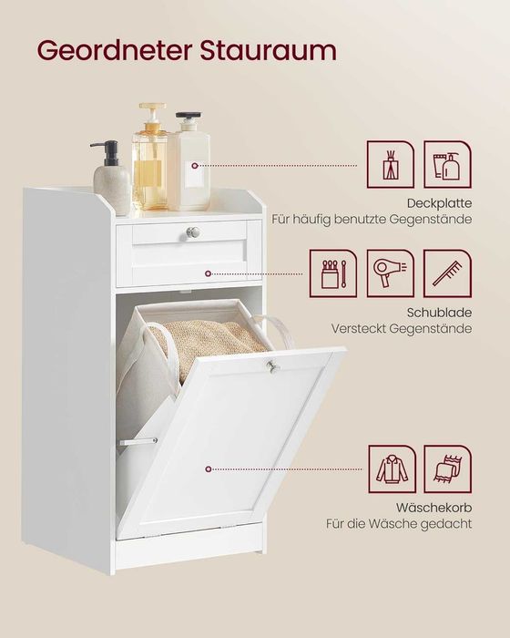 Dulap de baie cu cos de rufe, Vasagle, 40 × 40 × 80 cm, alb