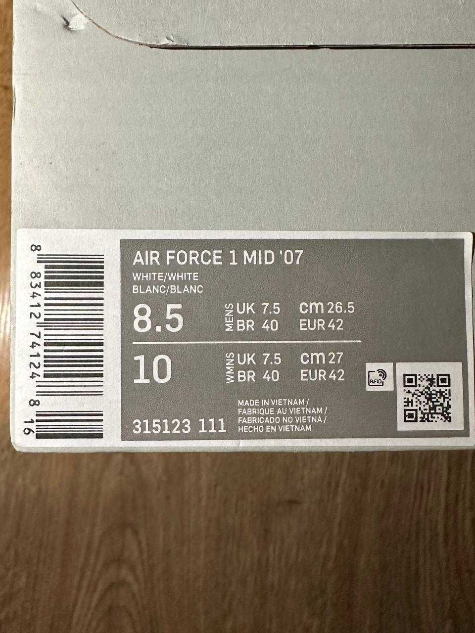 Nike Air Force 1 Mid Triple White 42.5, 43