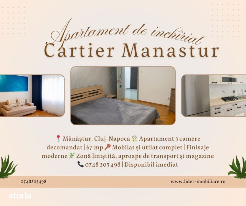 Apartament de inchiriat cu 3 camere zona Scolii Liviu Rebreanu