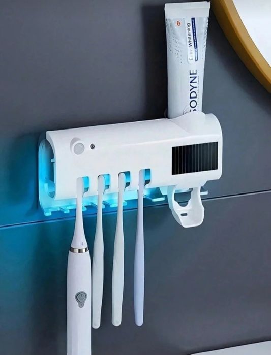 Suport inteligent pentru periuțe de dinți cu sterilizare UV și dozator