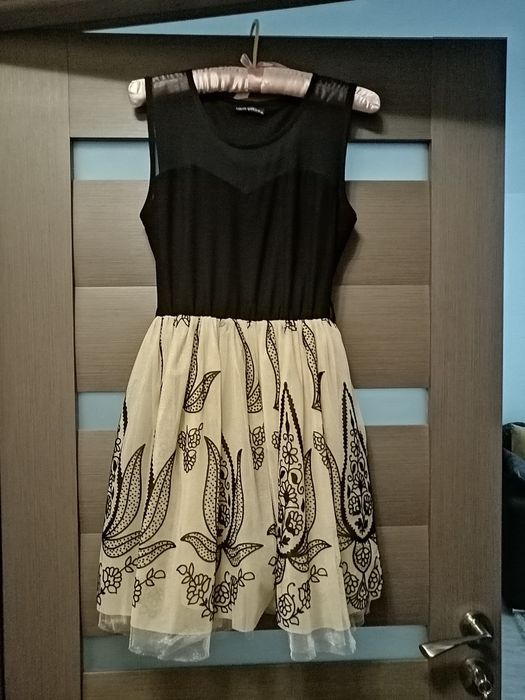 Rochie ocazie nunta tulle voal nude crem negru, broderie catifea nr 40