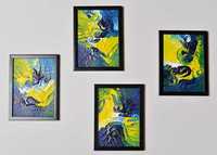 4 Tablouri / Picturi la Set -- 13 x 18 cm -- Albastru, Verde, Galben