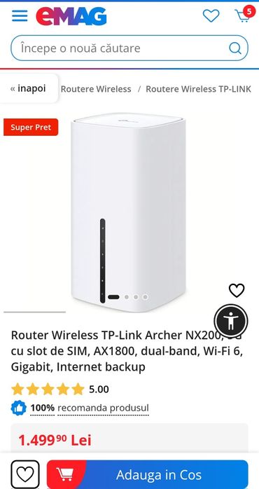 Router Wireless TP-Link Archer NX200, 5G cu slot de SIM, AX1800, dual-