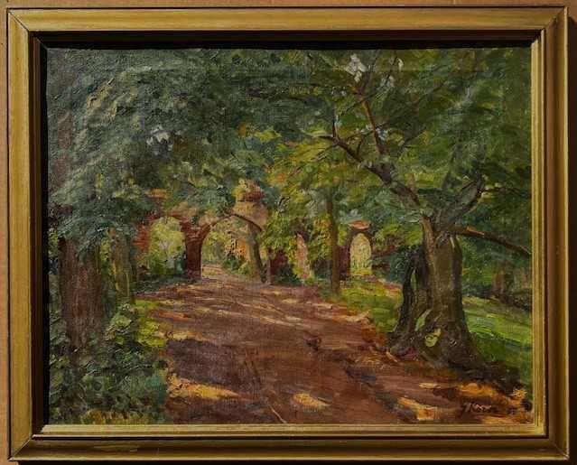 Școală maghiară ”Alee în parc” Superb! TABL00U u/pz, datat 1925, 75x60