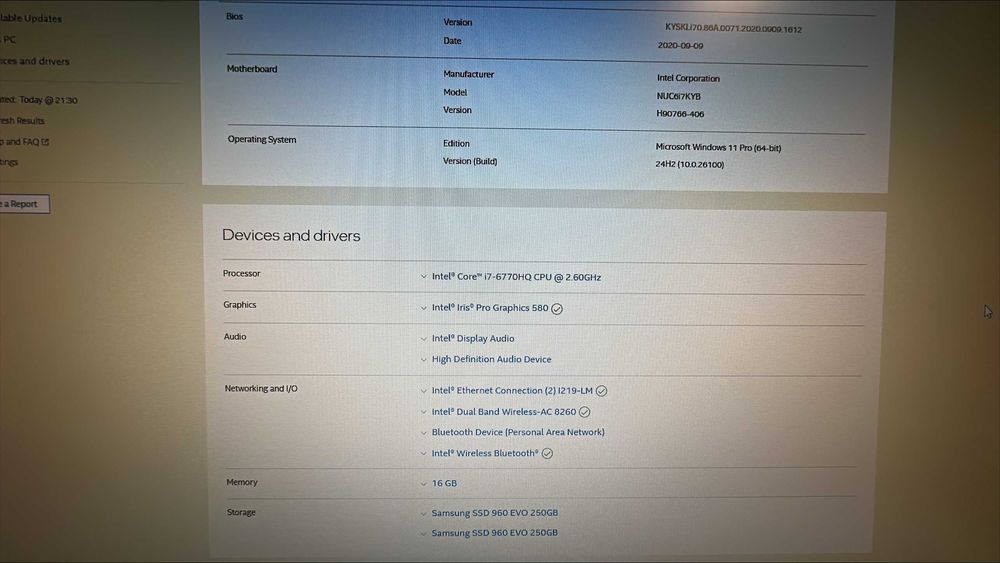 Mini PC Intel NUC i7-6770HQ 2.6GHz 16GB DDR4 2 x SSD 250GB WiFi BT