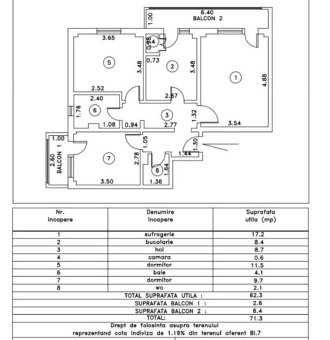 Apartament 3 camere , etaj 1 , decomandat . PRET FIX
