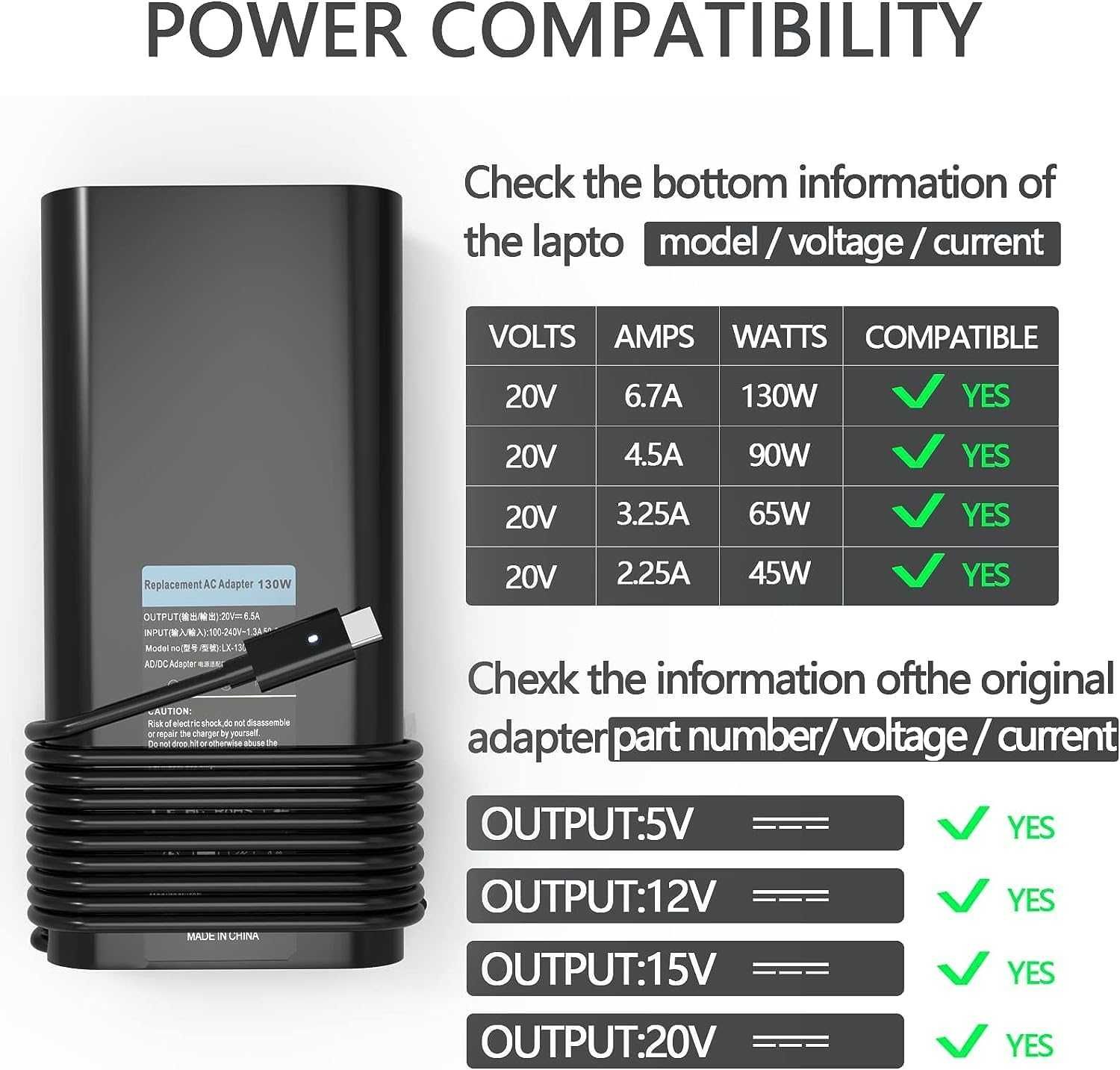 Захранващ адаптер за Dell - 130W, USB C (за английски контакт)