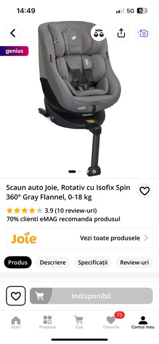 Scaun auto ISOFIX Joie Spin 360° Gray Flannel, rotativ, 0-18 kg, Gri