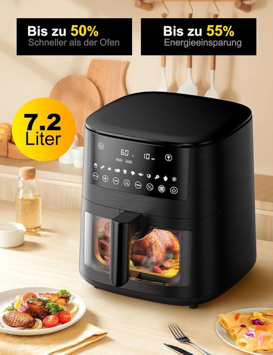 Фритюрник с горещ въздух (Air Fryer) XXL 7.2 литра с прозорец за наблю
