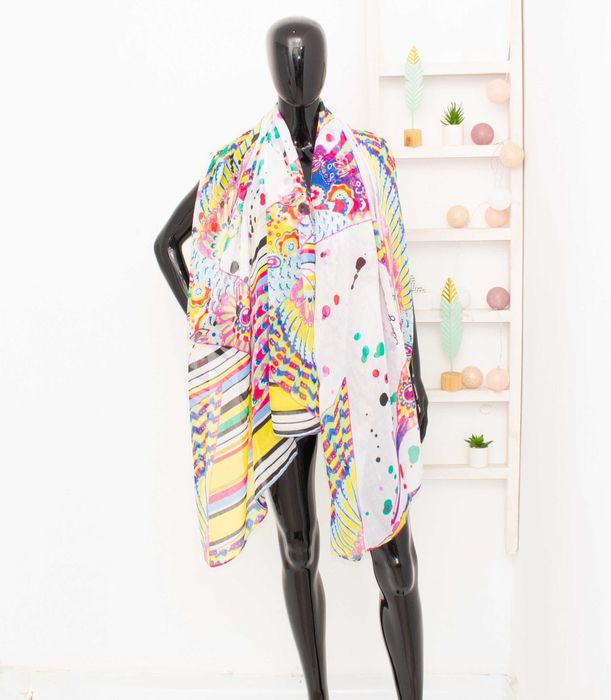 Desigual дамски голям бял шал с многоцветен принт колибри полиестер