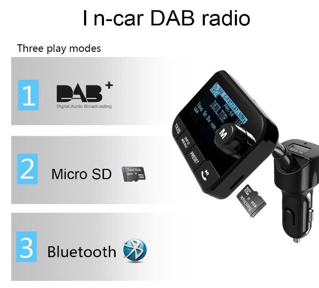 DAB-106 радио комплект за кола 5-в-1: DAB адаптер за кола, Bluetooth