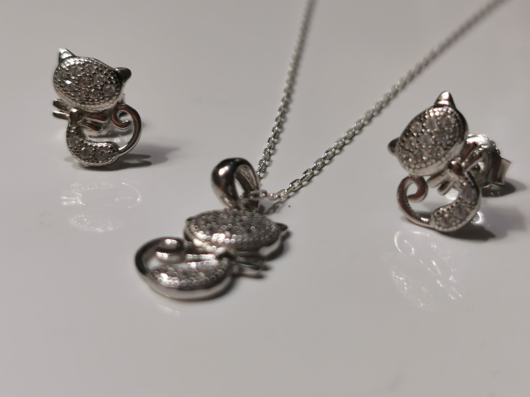 Set argint - pisică - lant, pandant, cercei - bijuterii cadou