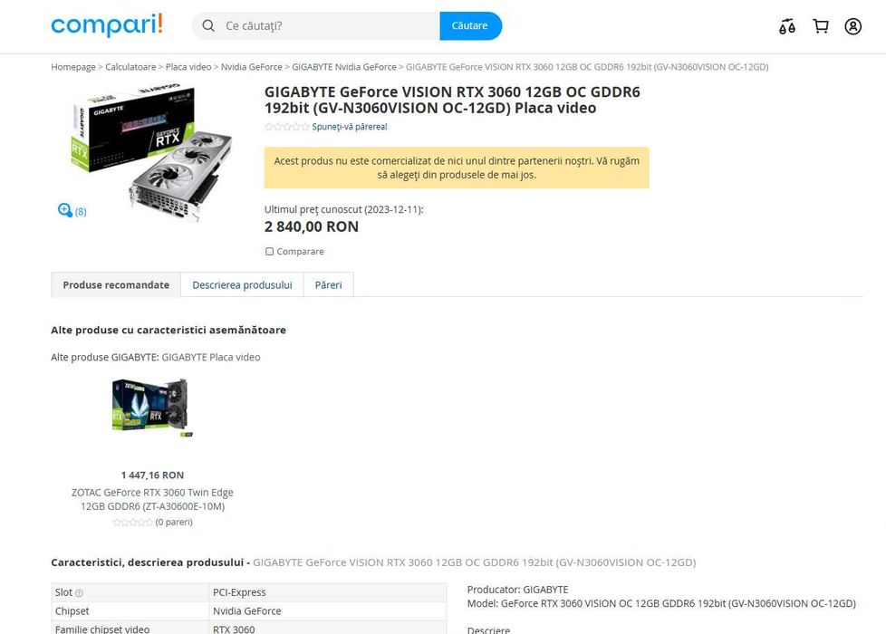 Gigabyte RTX 3060 VISION OC 12GB (garantie 2026)