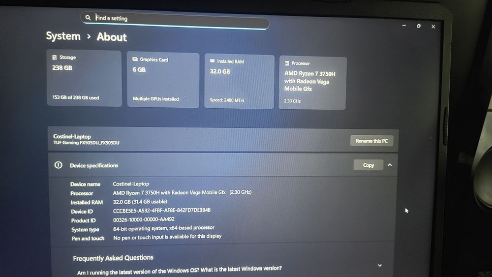 Laptop gaming FX505DU (32gb RAM, Ryzen 7, 120hz)