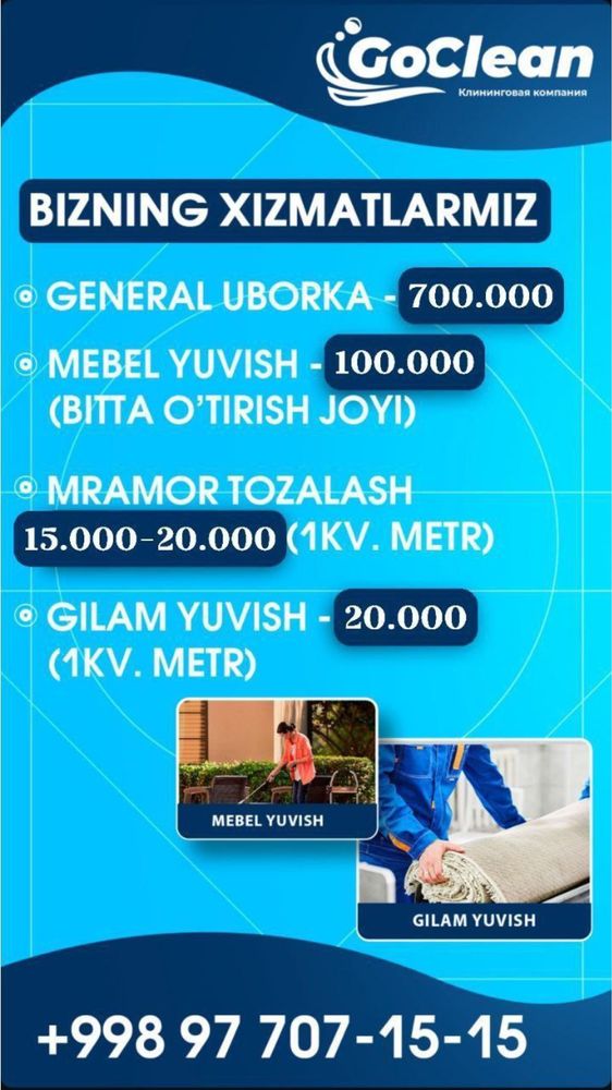 Gilam parda mebel chistka uborka xizmatlar mavjud