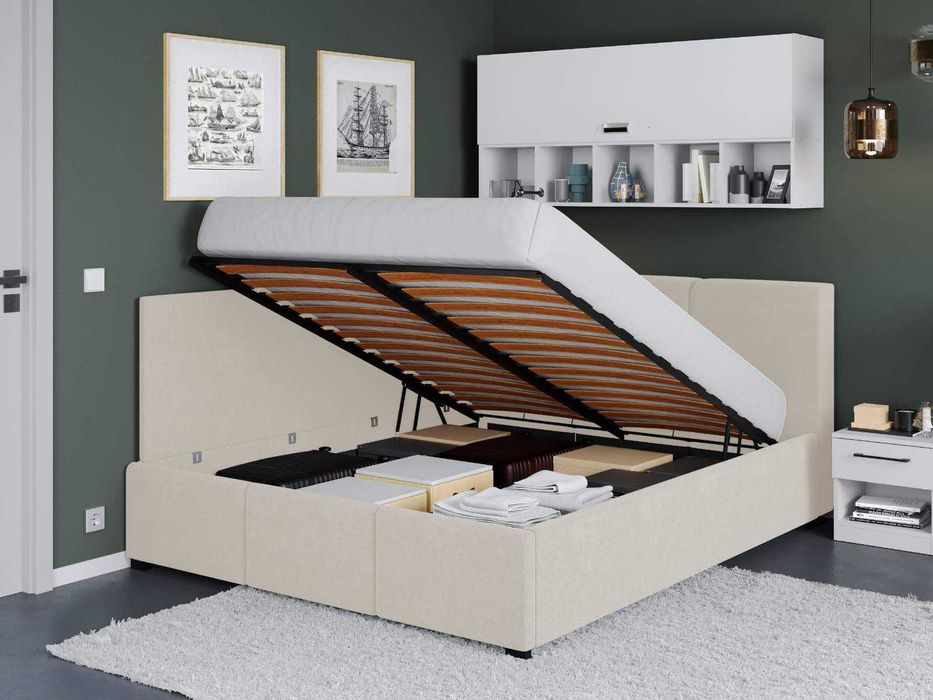 Pat Tapitat de colt Avelis crem cu somiera rabatabila