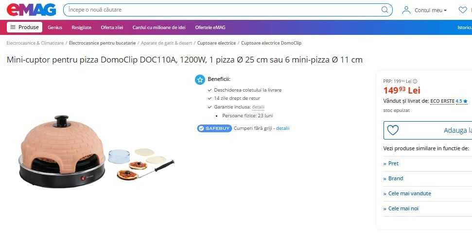 Mini-cuptor electric pentru pizza DomoClip , 1200W,  NOU-SIGILAT