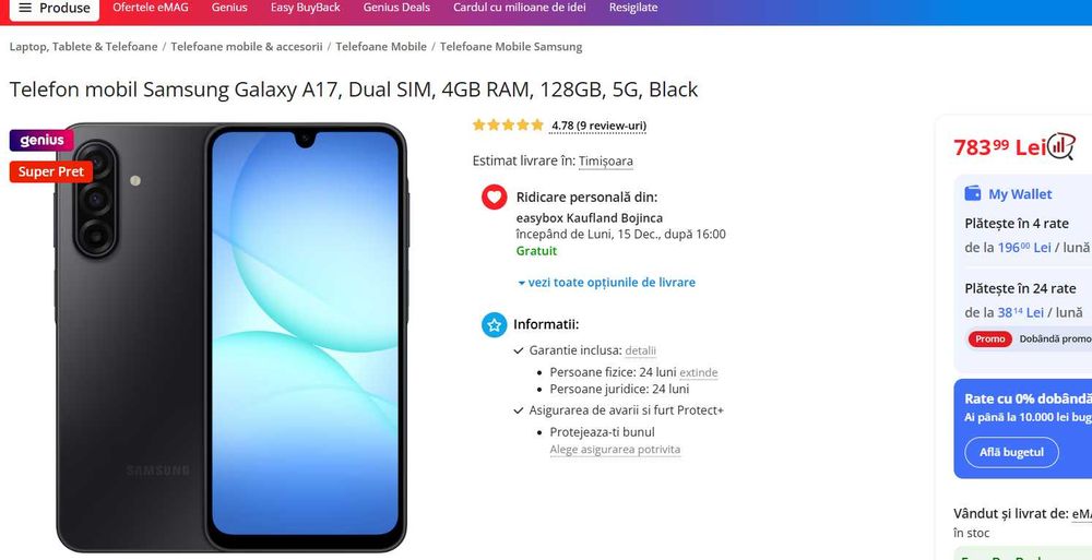 Smartphone Samsung Galaxy A17, 128GB, 4GB RAM, Dual Sim, 4G, Gri