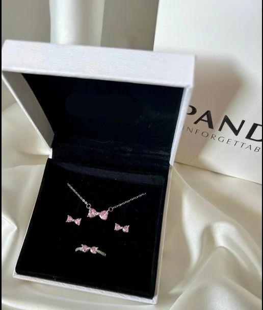 Set Pandora argint 925 funda roz inel colier cercei+cutie pink bow
