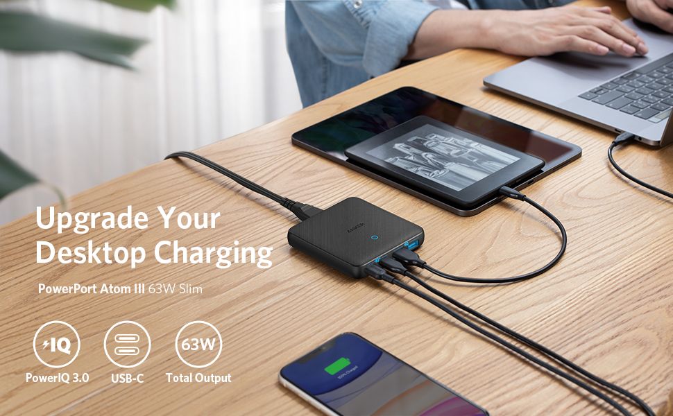 Anker PowerPort Atom III Slim USB C зарядно с 63W, 2 x USB-C и 2 х USB