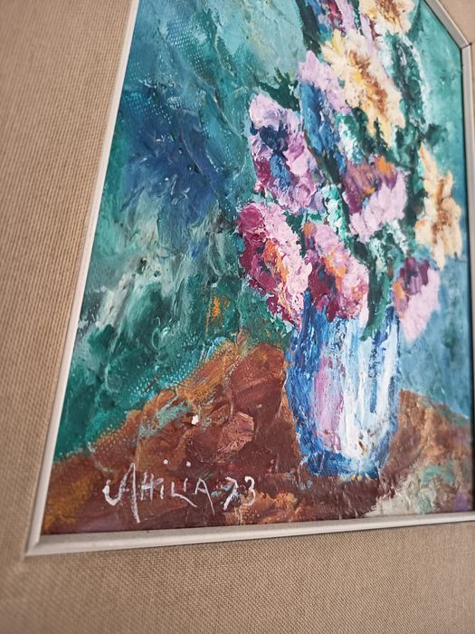 Tablou Deosebit Pictat "Vaza Cu Flori" Artist Italian Semnat