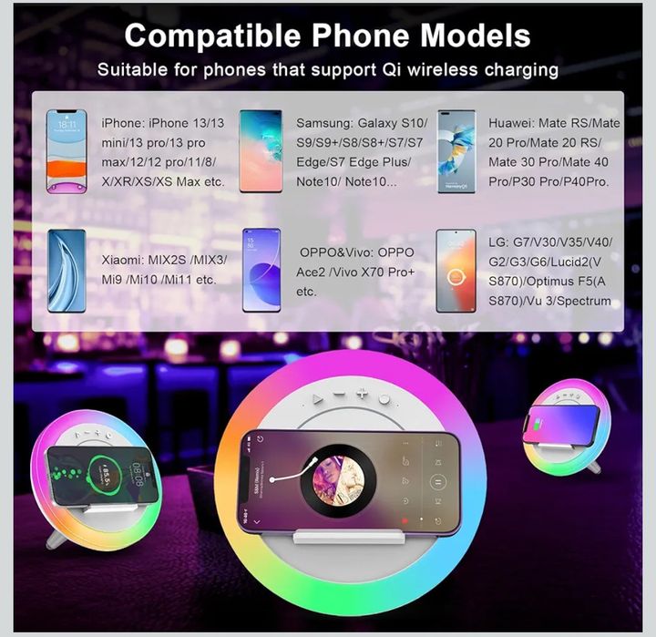 Нощна лампа Bluetooth високоговорител със светлина, безжично зарядно,