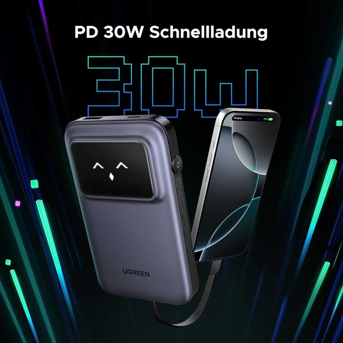 UGREEN UNO 10000mAh 30W Power Bank с вграден кабел