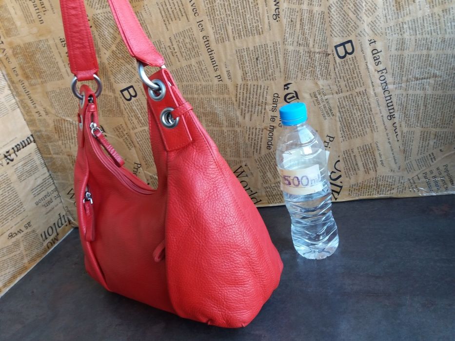 дамска чанта червена чанта с една дръжка- естествена кожа