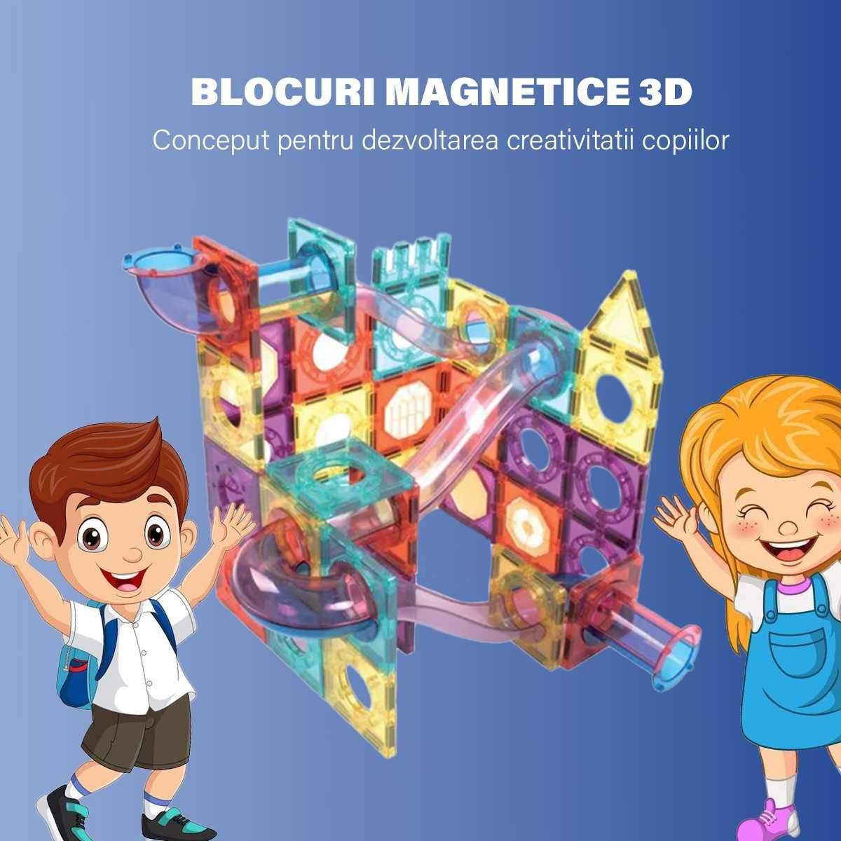 Set de Constructie Magnetic 136 Piese cu Tevi Tiles 3D+ minge colorata