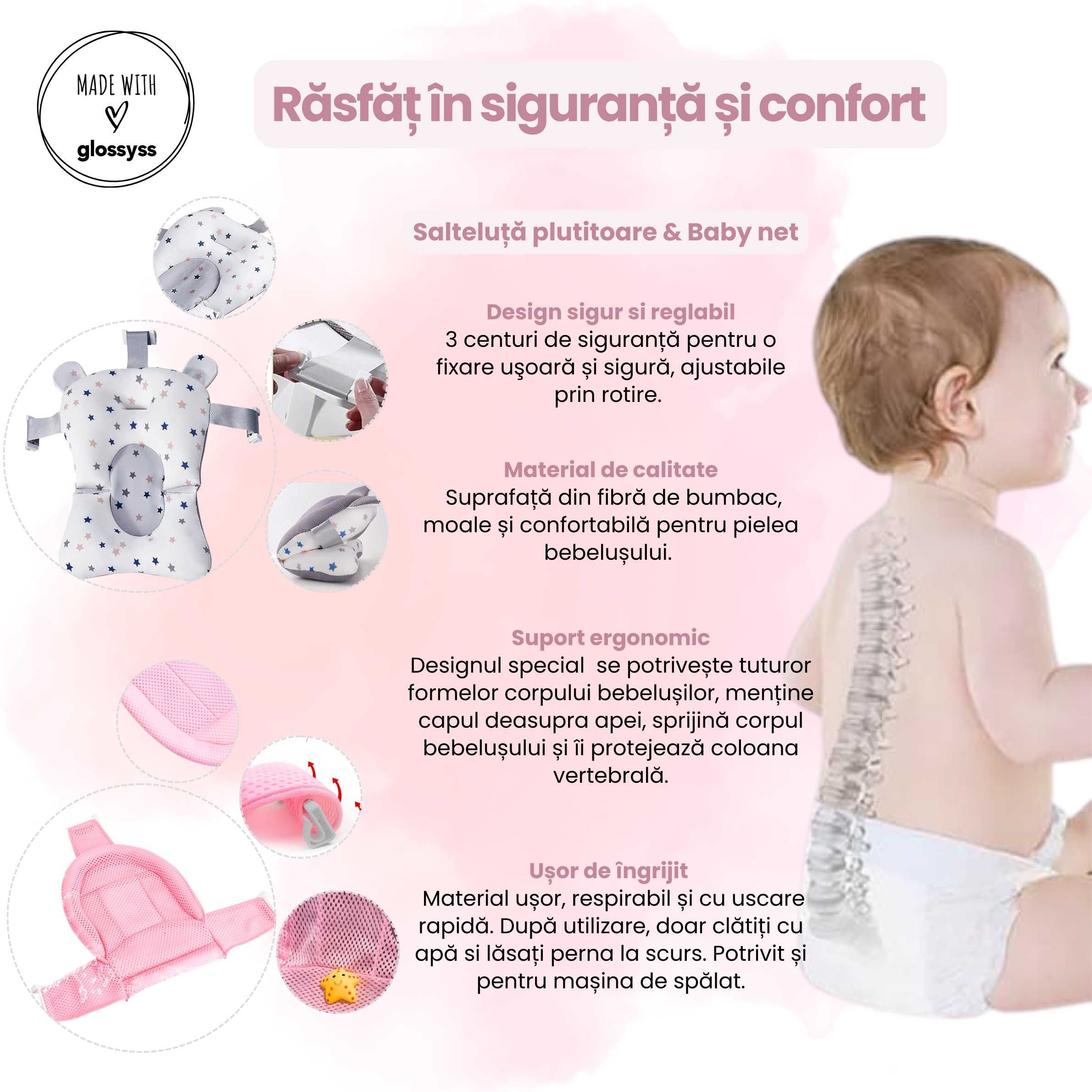 Cadita Pliabila si Evolutiva pentru baie bebe - 8 piese, Roz