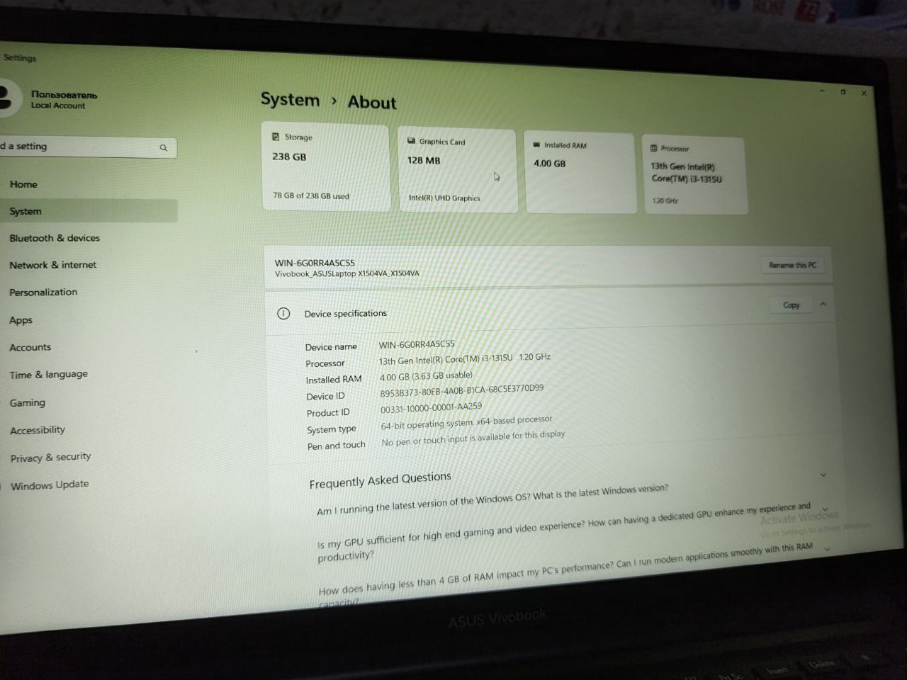 Asus vivobook x1504VA