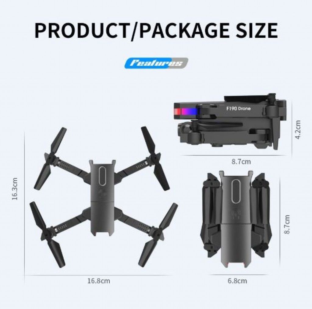 Дрон F190 с 4K камера, LED светлини и WiFi – Черен модел с висока мане