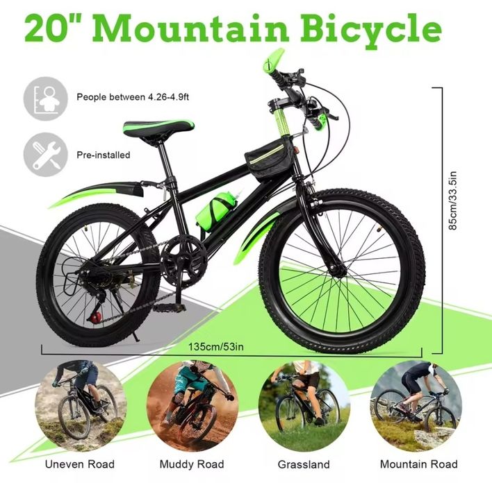 Bicicleta de munte de 20 de inci, cu 7 viteze, sa reglabila, aparatori