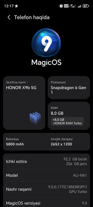 Honor x9b 5G 8ga 256