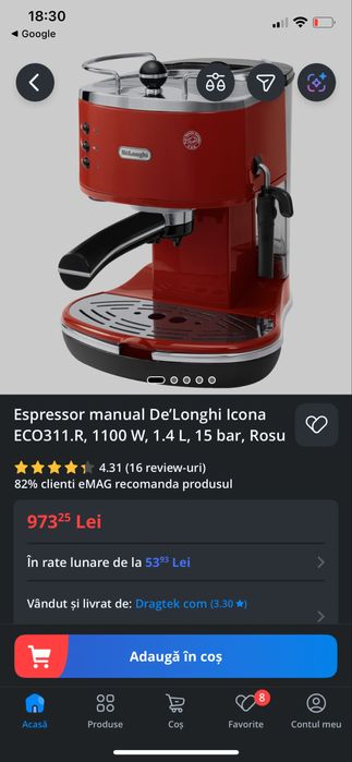Espressor manual De’Longhi Icona ECO311.R, 1100 W, 1.4 L, 15 bar, Rosu
