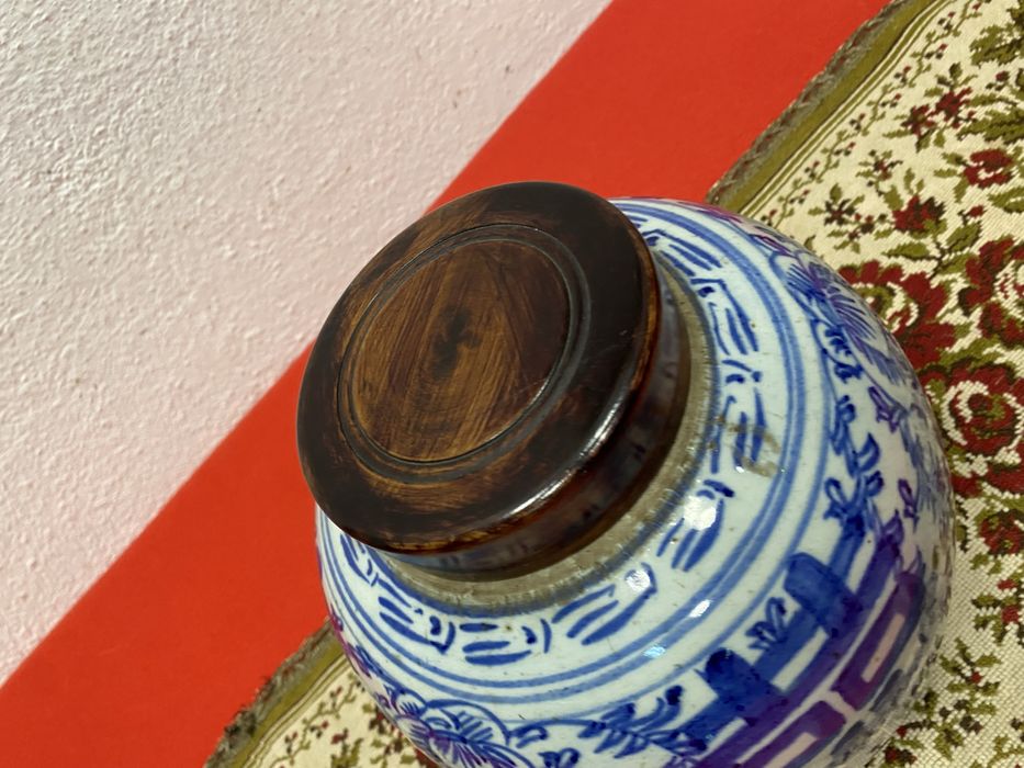 Китайски буркан Double Happiness синьо бял винтидж 1900 г