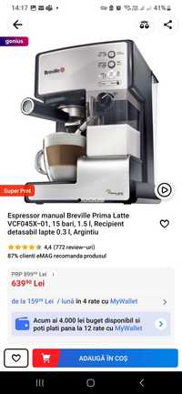 Espressor Breville Prima Latte VCF045X-01, 15 bari Recipient lapte