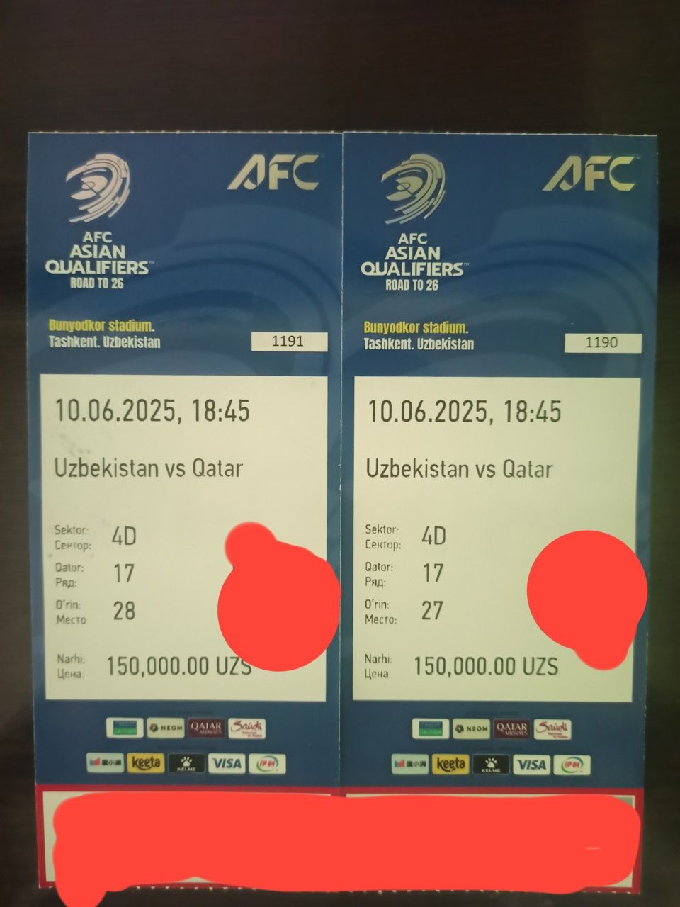 Futbol bilet O‘zbekiston Qatar  800 mingdan